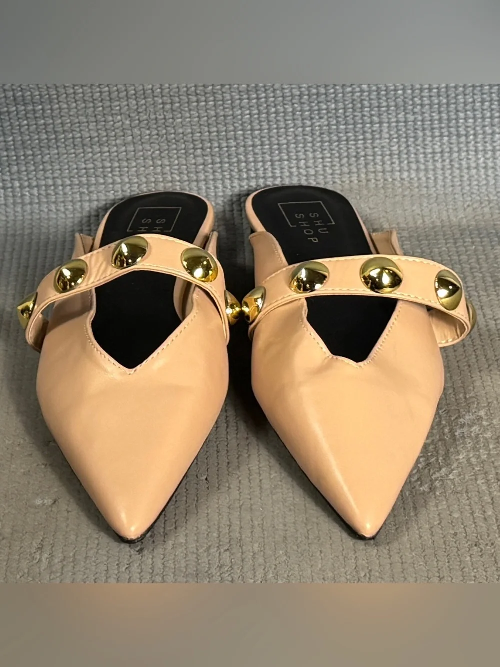 Shu Shop Gold Bead Beige Slide Fashion Flats Women’s Size 7.5
